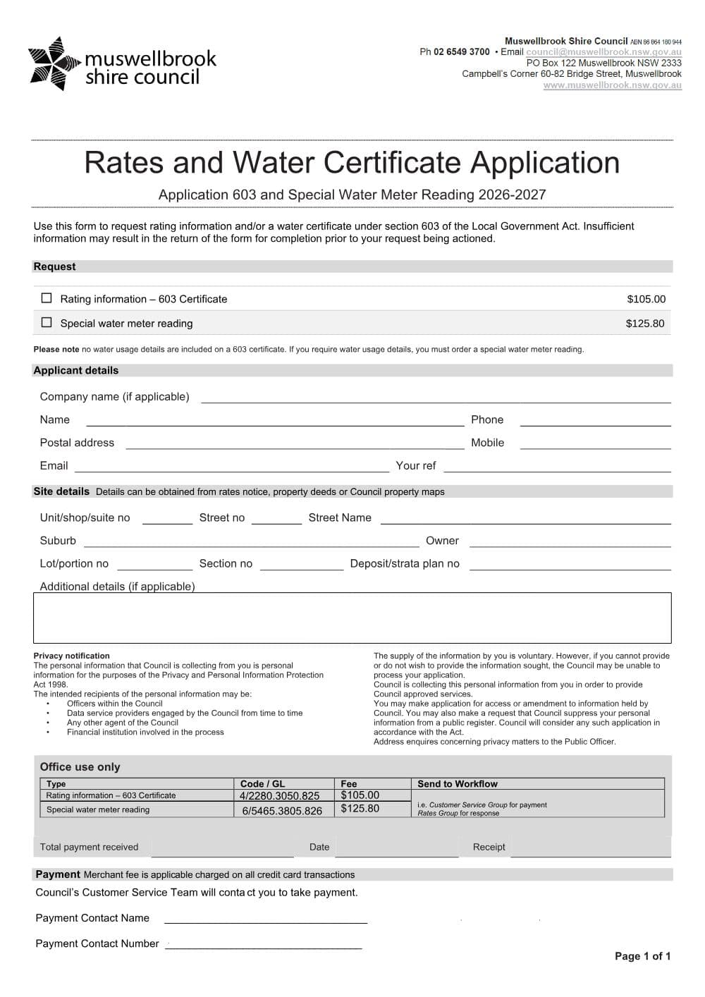 Preview of the first page of Rates and Water Certificate Application (Section 603 and SMR)