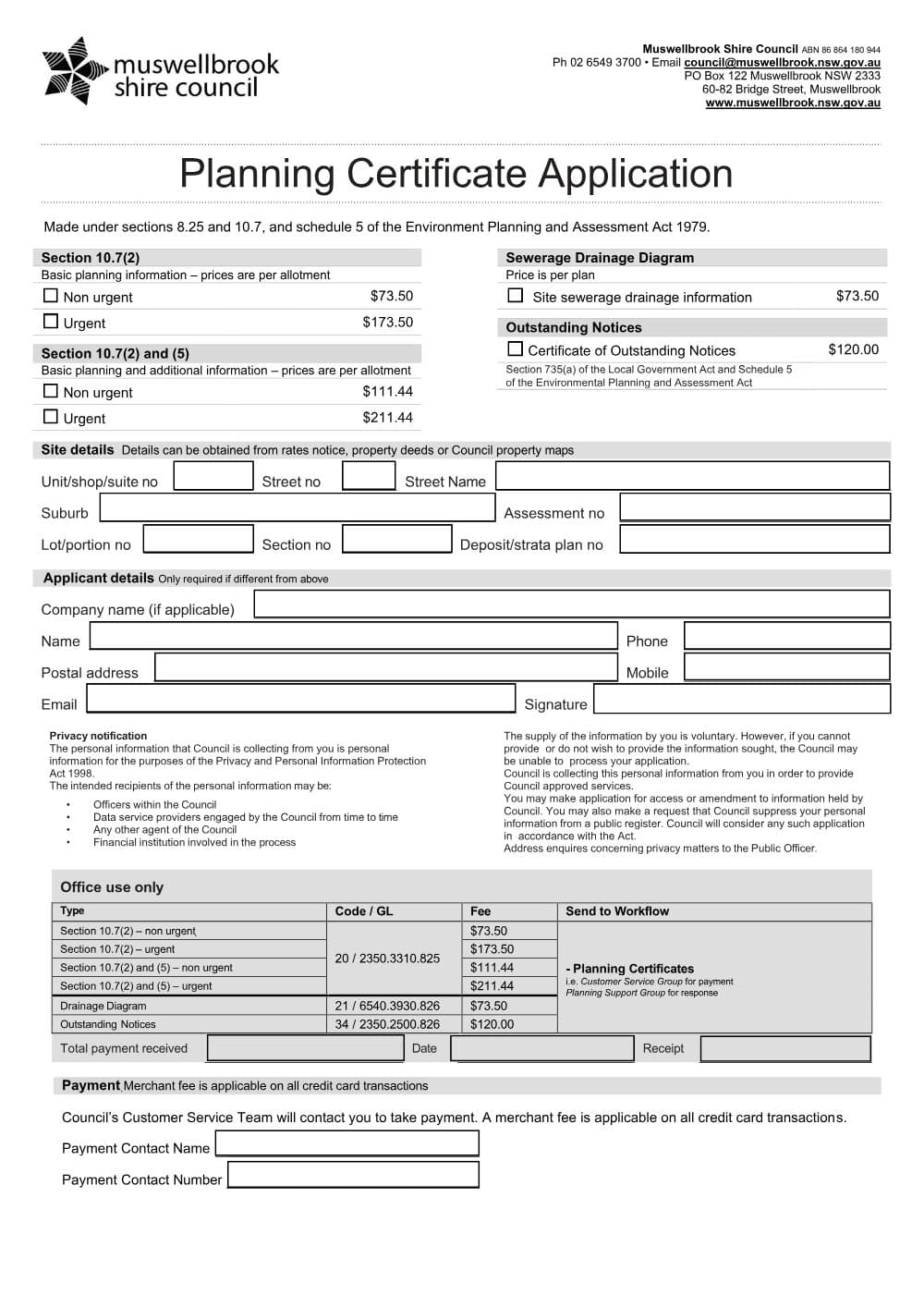 Preview of the first page of Planning Certificate Application