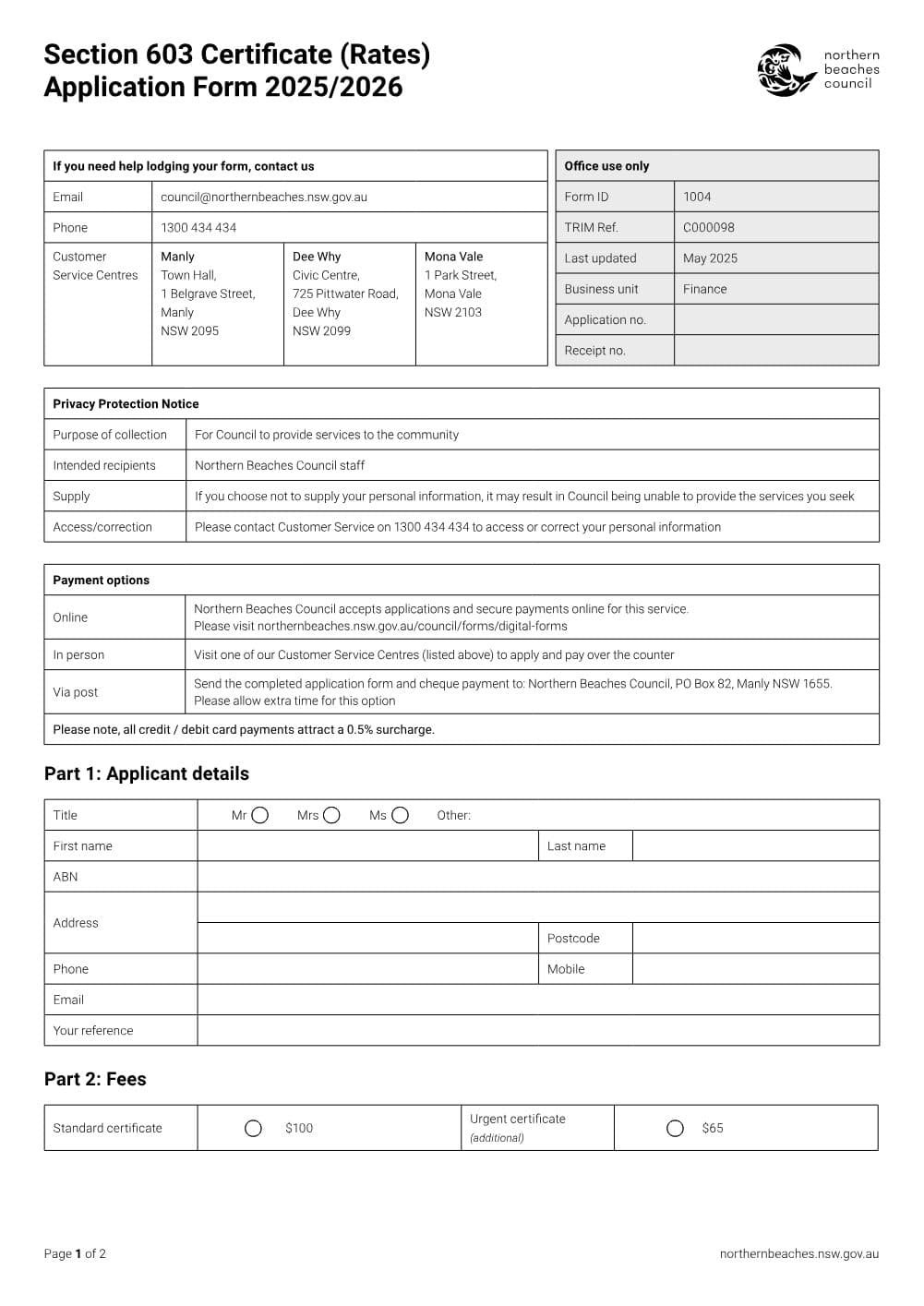 Preview of the first page of 1004 Section 603 Certificate Rates Application