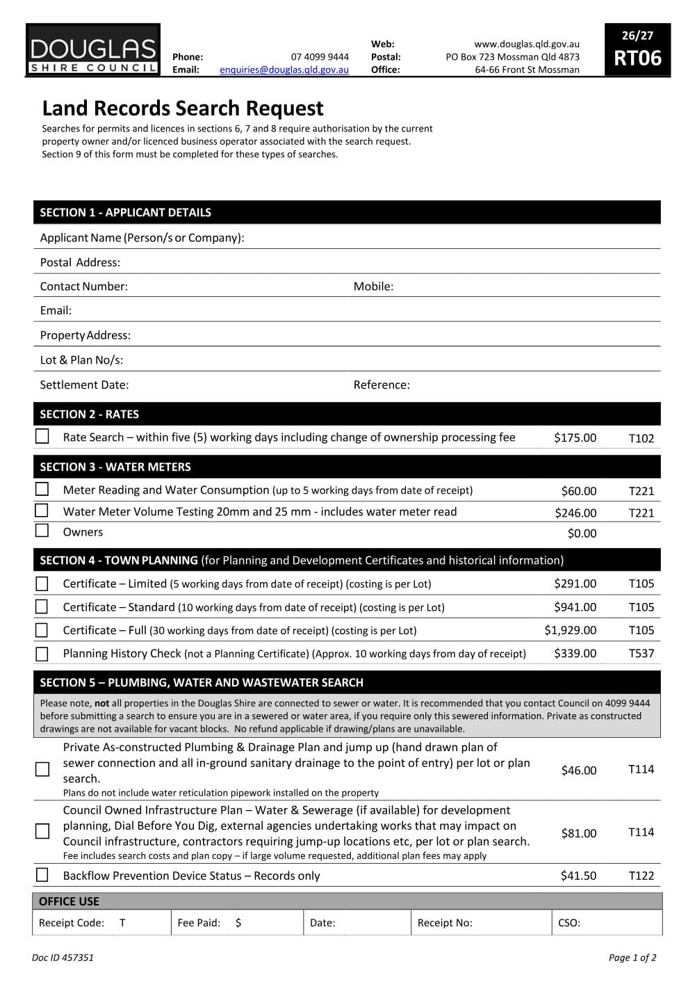 Preview of the first page of Land Records Search Request