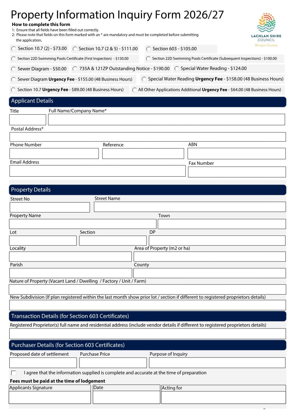 Preview of the first page of Property Information Inquiry Form