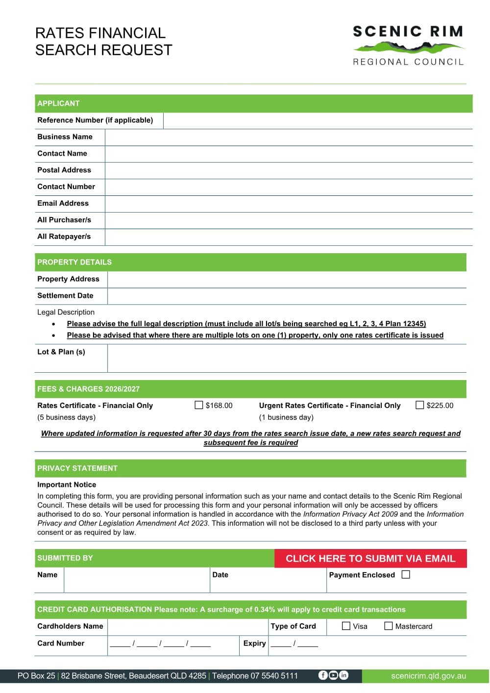 Preview of the first page of Rates Financial Search Request