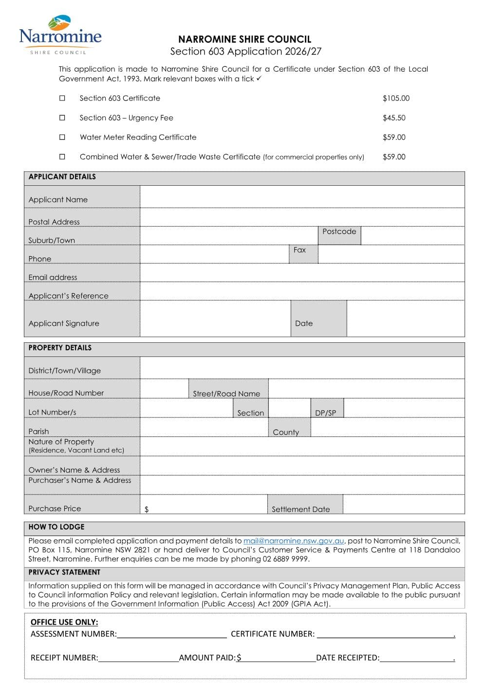 Preview of the first page of Section 603 Certificate Application