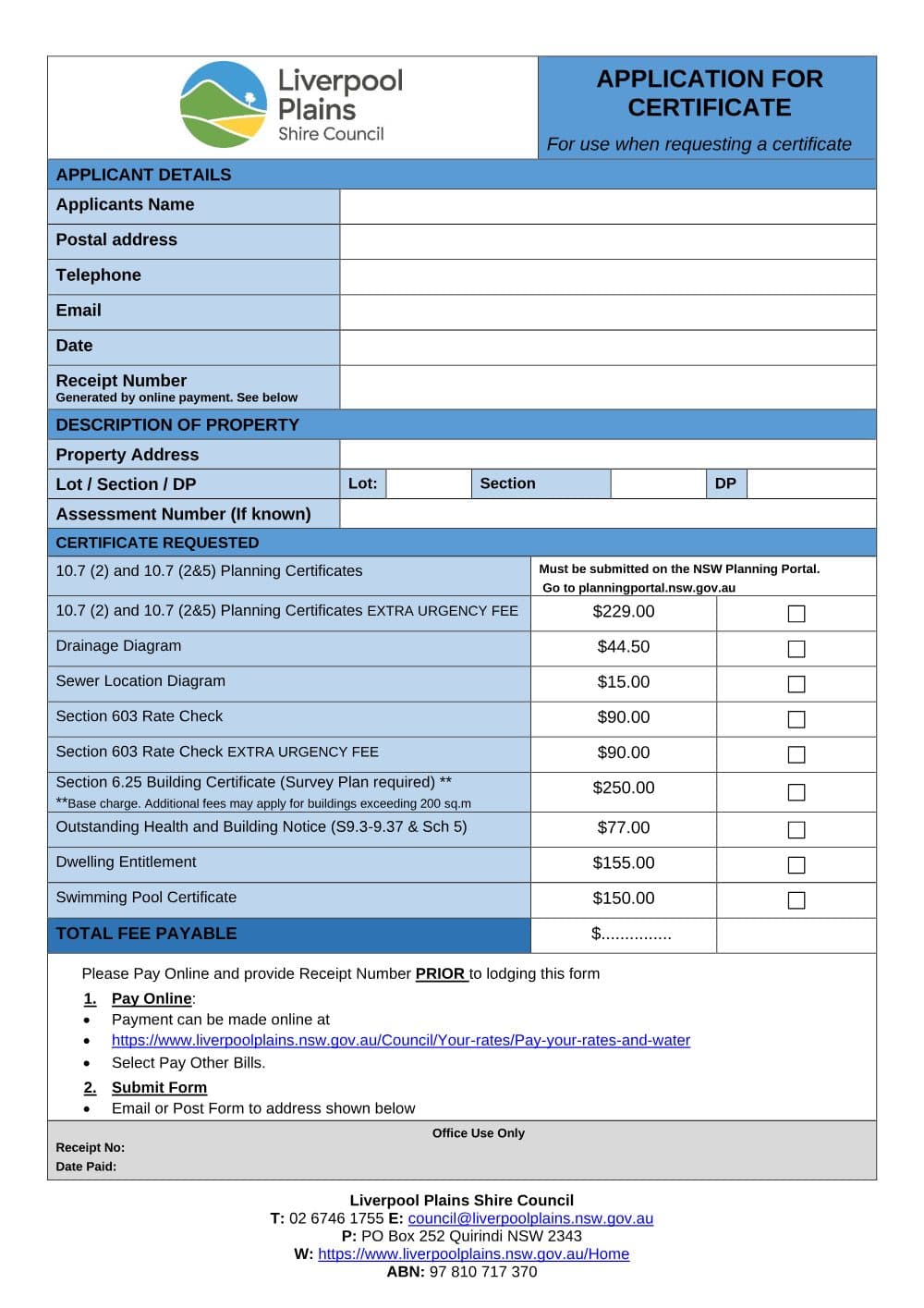 Preview of the first page of Application for Certificate