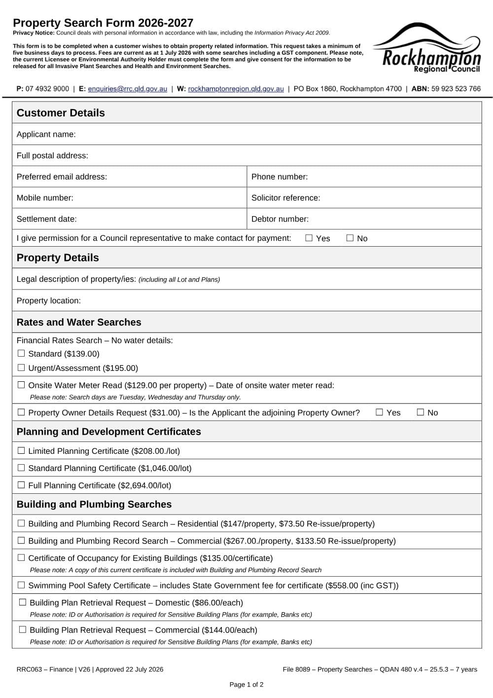Preview of the first page of Property Search Form