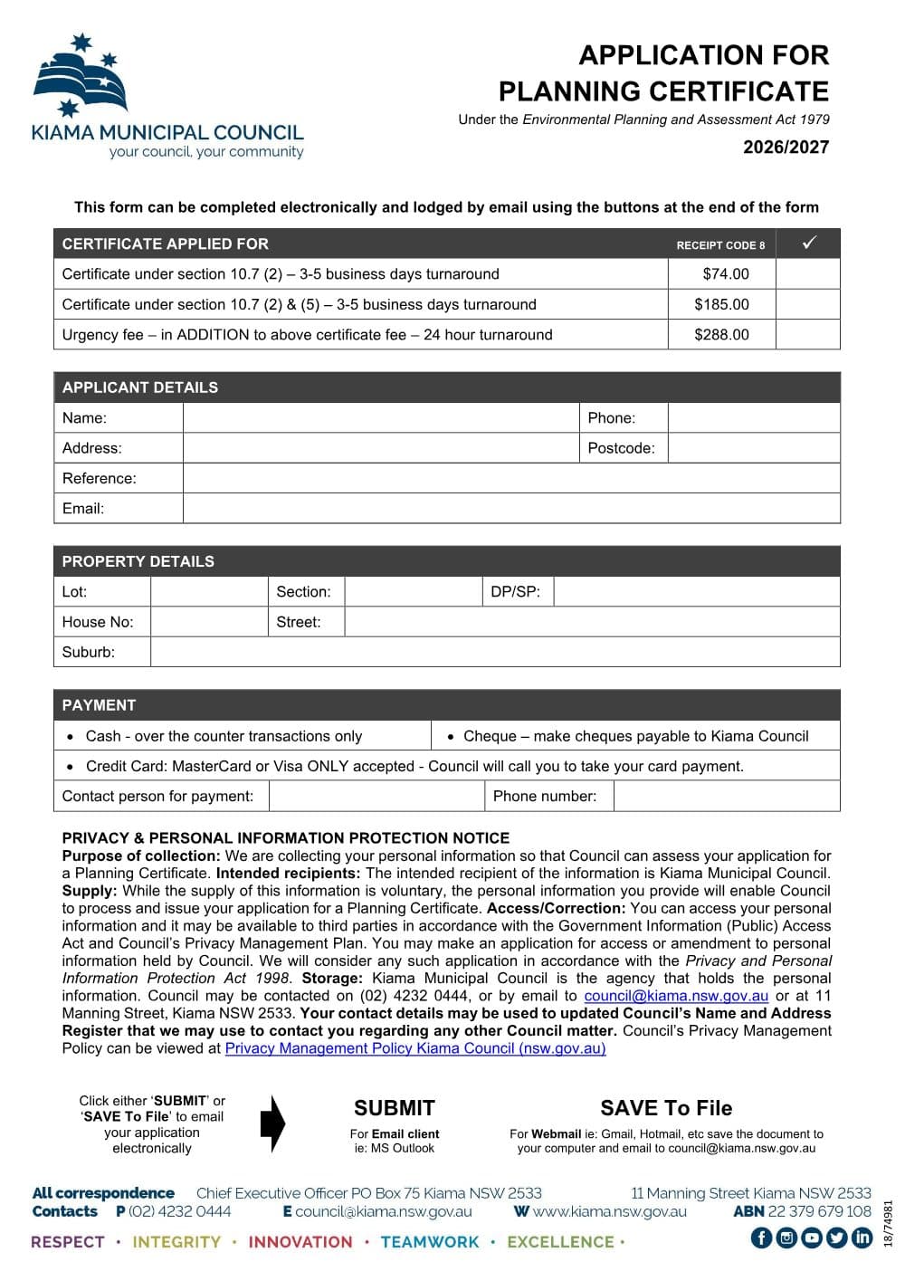 Preview of the first page of Application for Planning Certificate (Section 10.7)